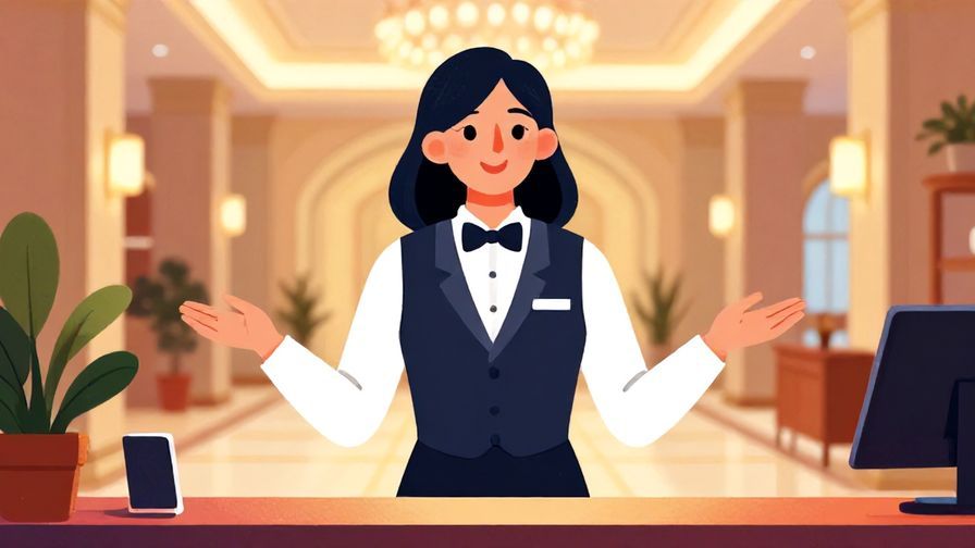 Illustration%20of%20a welcoming receptionist gesturing with open hands, elegant lobby background, warm lighting, vibrant colors, illustrated style