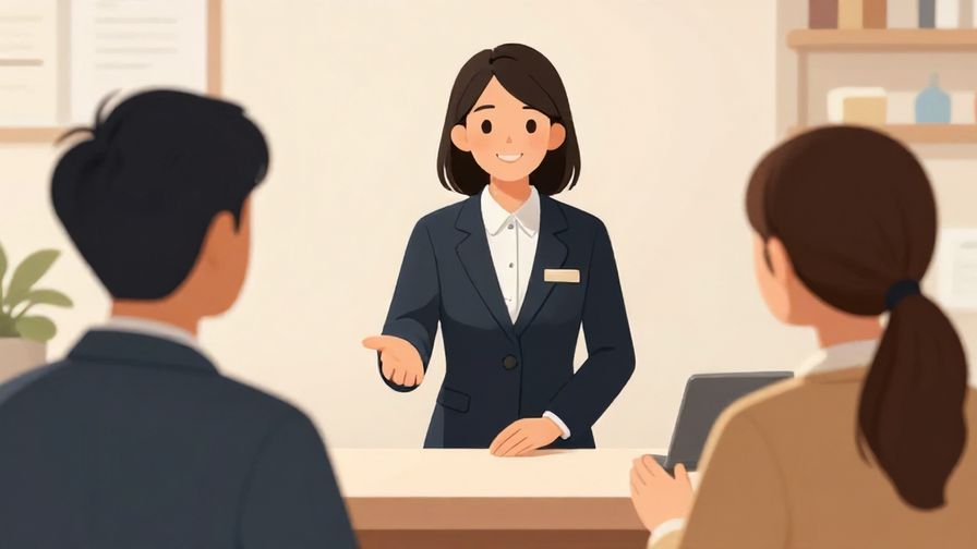 Illustration%20of%20a welcoming receptionist inviting the next visitor, warm smile, professional atmosphere