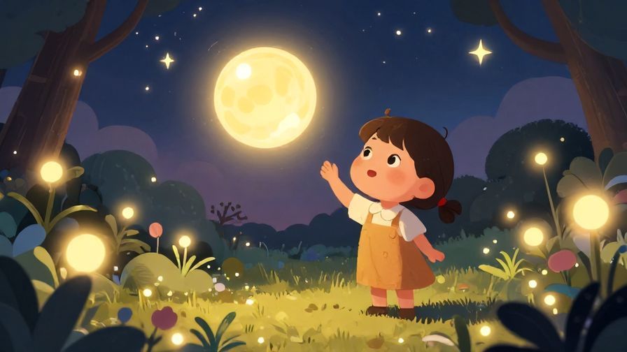 Illustration%20of%20a whimsical character looking amazed at glowing floating orbs in a twilight garden, soft glowing lights and stars