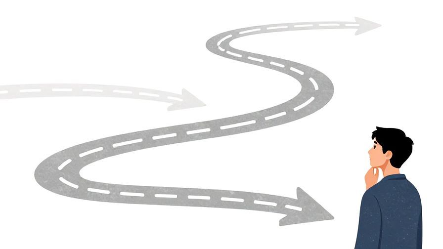 Illustration%20of%20a winding path%20with%20multiple%20possible%20directions%20and%20a%20person%20looking%20thoughtfully%2C%20illustrated%20style