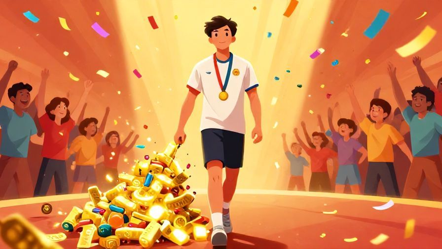 Illustration%20of%20a winner confidently walking away with a pile of glowing rewards, background full of colorful confetti and cheering crowd, bright colors, illustrated style