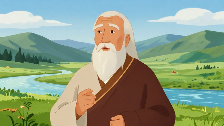 Illustration%20of%20a wise elder speaking calmly with a serene landscape of mountains and rivers in the background, formal tone