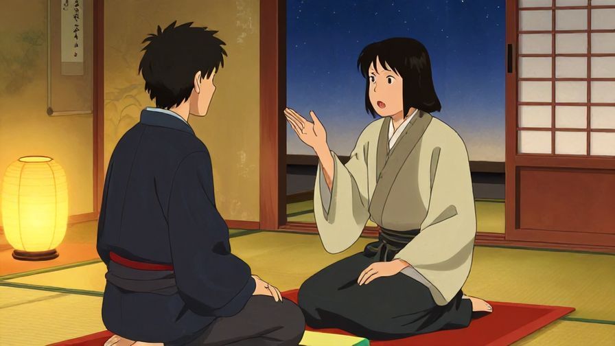 Illustration%20of%20a wise-looking person sitting in a traditional Japanese room, gesturing thoughtfully as they speak about fate, soft glowing lantern light, detailed background, vibrant colors, illustrated style