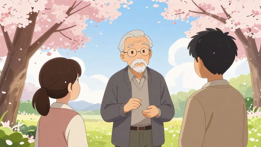 Illustration%20of%20a wise%20elder%20speaking%20calmly%20to%20a%20young%20listener%20under%20cherry%20blossom%20trees%2C%20gentle%20spring%20colors%2C%20illustrated%20style