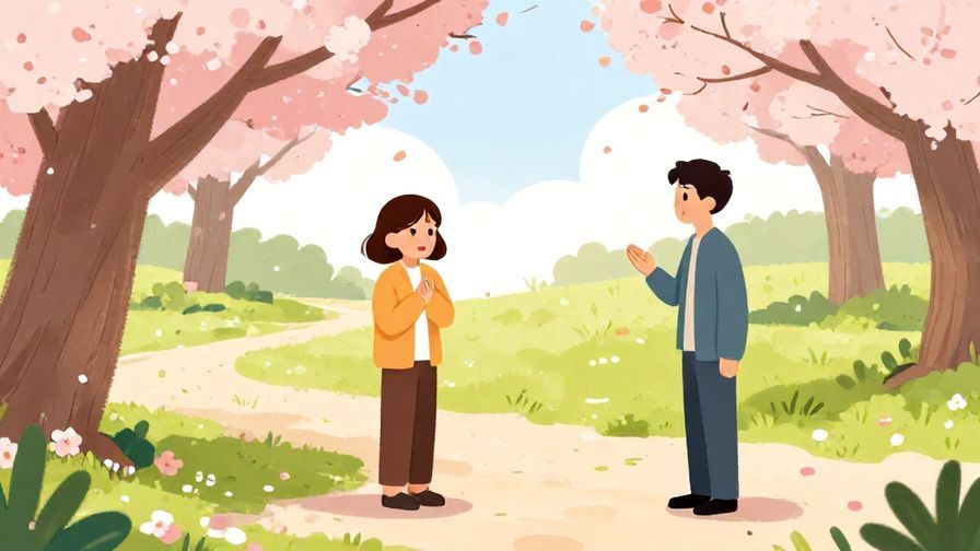 Illustration%20of%20a worried person asking a kindly passerby for advice in a park with cherry blossoms, bright colors, illustrated style