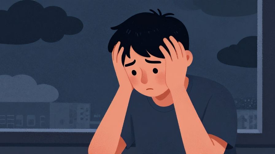 Illustration%20of%20a worried person holding their head, dark clouds outside window, moody colors, illustrated style