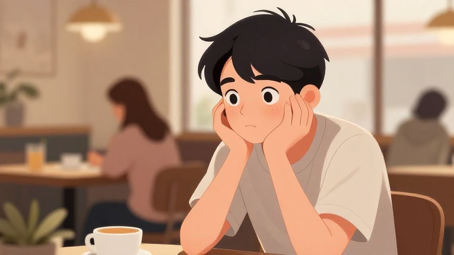 Illustration%20of%20a young adult leaning in with curiosity asking if something happened, cozy cafe background, soft tones