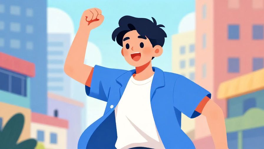 Illustration%20of%20a young adult with an excited expression, energetic pose, modern urban background, bright colors, illustrated style