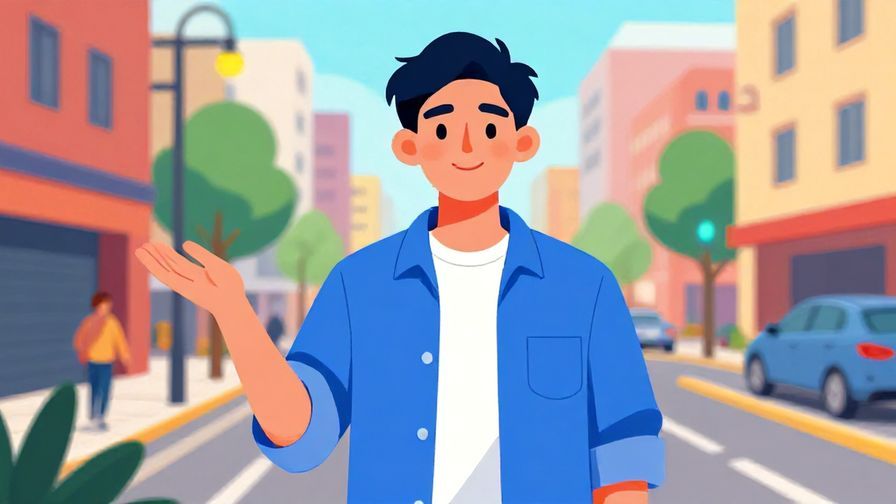 Illustration%20of%20a young man confidently introducing himself%2C city street background%2C vibrant%20colors%2C illustrated style