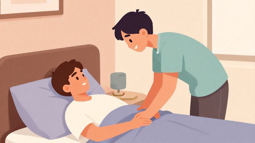 Illustration%20of%20a young man giving a casual nod and smile before going to bed, urban bedroom setting, relaxed colors