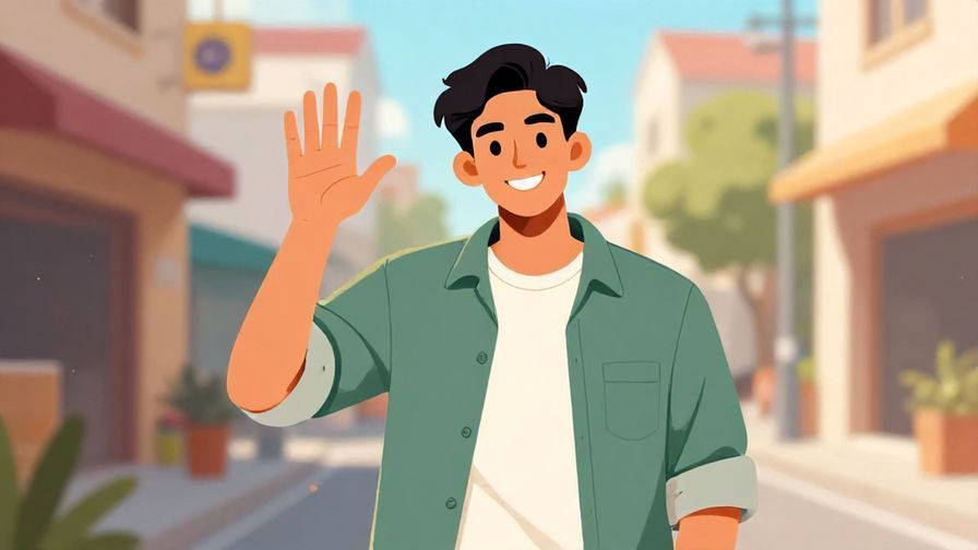 Illustration%20of%20a young man giving a casual wave with a confident smile%20in%20a street setting%2C%20vibrant%20colors%2C%20illustrated%20style