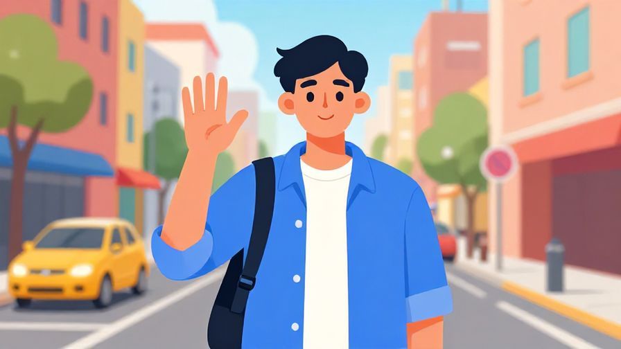 Illustration%20of%20a young man giving a confident wave goodbye on a city street, bright colors