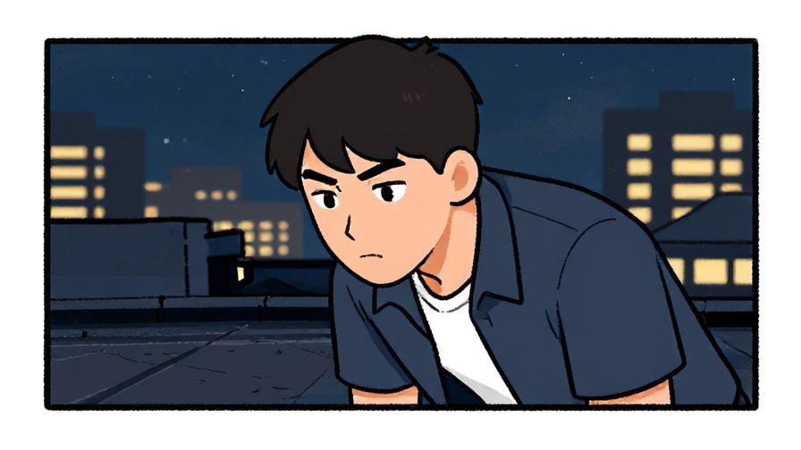 Illustration%20of%20a young man leaning forward with intense eyes, city rooftop at night, casual and emphatic mood, illustrated style