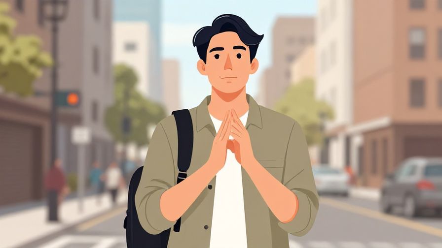 Illustration%20of%20a young man pleading for help with a confident, casual attitude, city street background, illustrated style