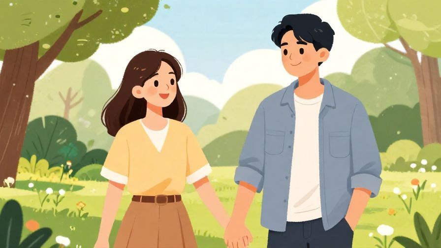 Illustration%20of%20a young man proudly holding hands with a smiling woman in a sunny park, casual clothes, happy and confident expressions, illustrated style