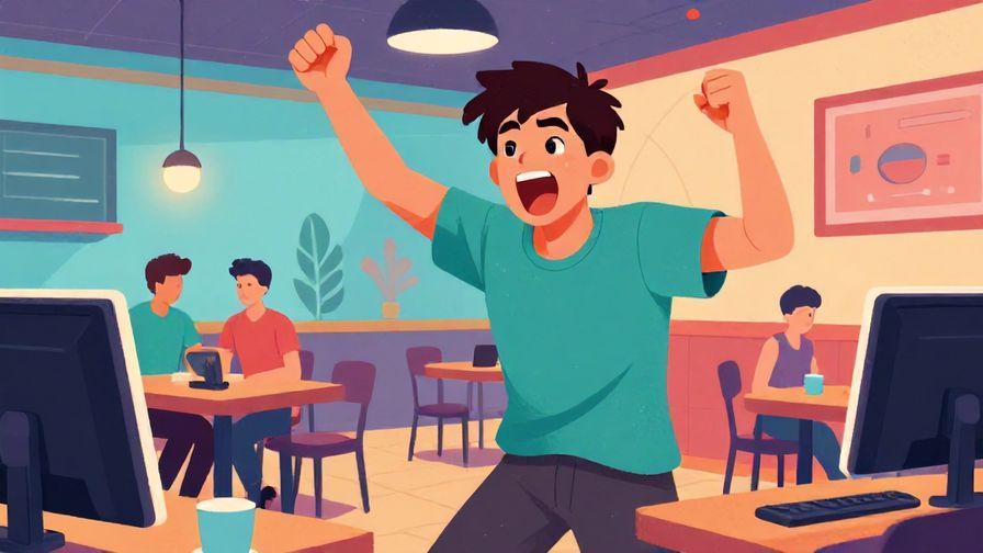 Illustration%20of%20a young man shouting enthusiastically%20in%20a casual game room, colorful and energetic scene, illustrated style