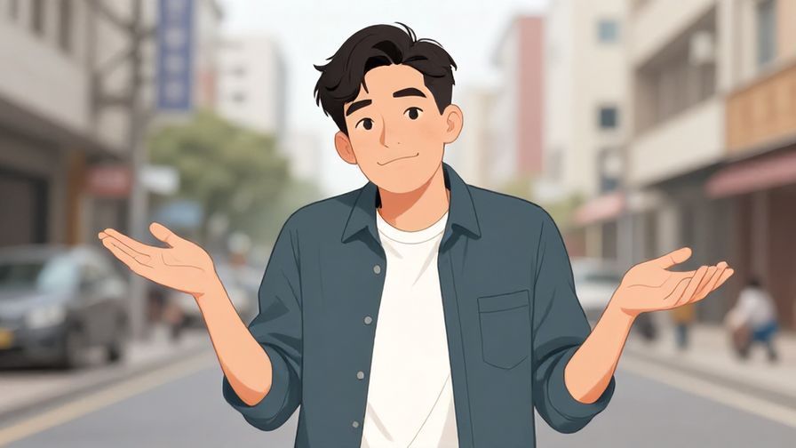 Illustration%20of%20a young man shrugging with a playful, self-deprecating smile, casual street background