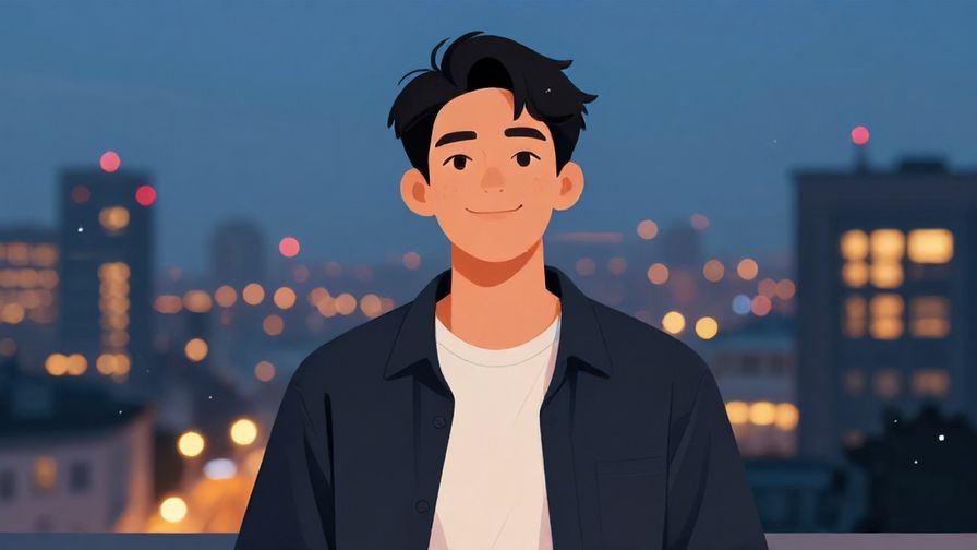 Illustration%20of%20a young man smiling confidently, with a background of city lights at dusk, casual and cool vibe