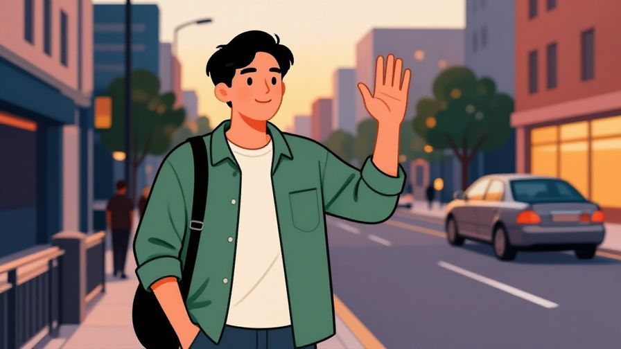 Illustration%20of%20a young man waving confidently goodbye at dusk on a city street, casual attire, vibrant colors, illustrated style