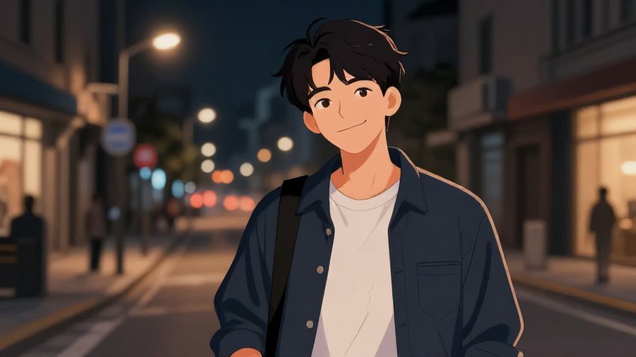 Illustration%20of%20a young man with a casual, slightly mischievous grin, urban night street scene