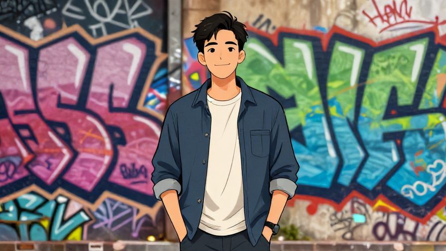 Illustration%20of%20a young man with a casual smile, hands in pockets, urban graffiti background, illustrated style
