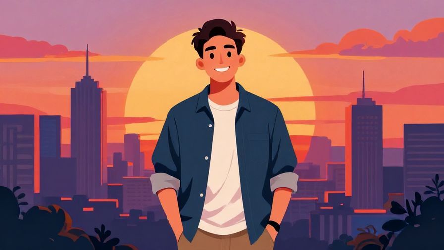 Illustration%20of%20a young man with a confident smile, hands in pockets, standing in front of a sunset urban skyline, vibrant colors, illustrated style