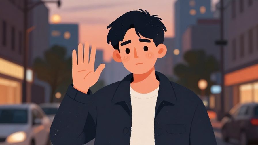 Illustration%20of%20a young man with a tired expression, waving his hand dismissively, city street at dusk, illustrated style