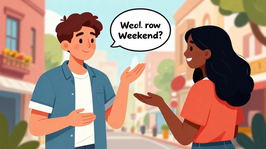 Illustration%20of%20a young person casually asking a friend about weekend plans with relaxed posture and playful urban background, vibrant colors, illustrated style