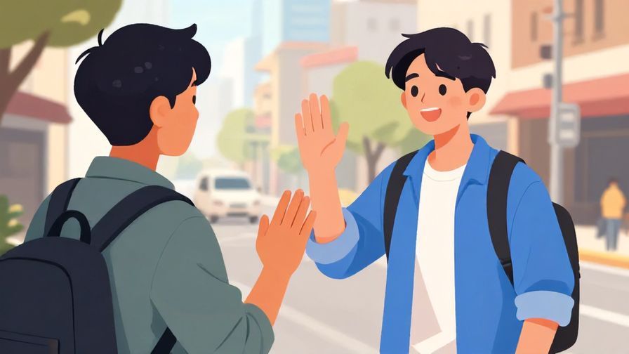 Illustration%20of%20a young person casually greeting a friend with a wave and smile, urban street background
