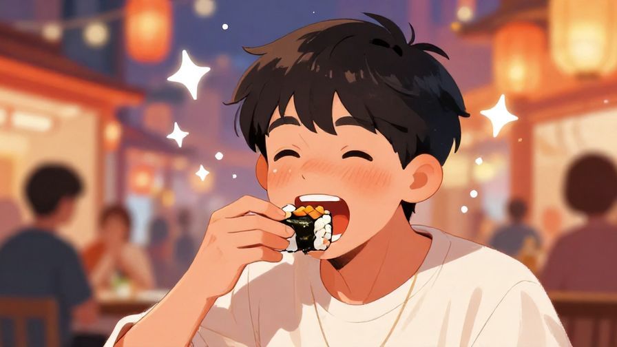 Illustration%20of%20a young person energetically biting into sushi, eyes sparkling, with a vibrant festival background and animated sparkles.