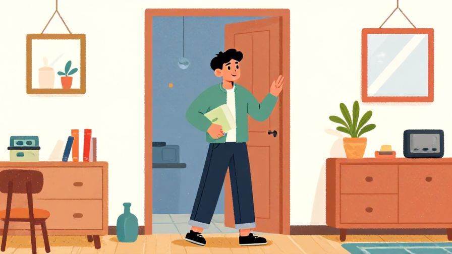 Illustration%20of%20a young person entering home playfully and speaking with a teasing smile, casual clothes, vibrant colors, illustrated style