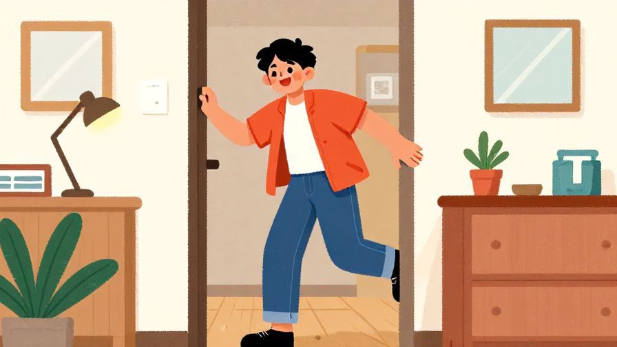 Illustration%20of%20a young person entering home with an energetic, playful expression, casual clothes, vibrant colors, illustrated style