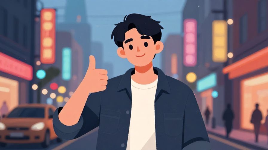 Illustration%20of%20a young person giving a casual thumbs-up and wave, urban street at dusk, colorful lighting, illustrated style