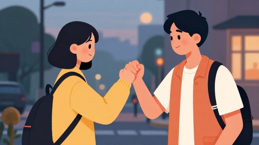 Illustration%20of%20a young person giving a quick fist bump goodbye outside at dusk, casual street scene