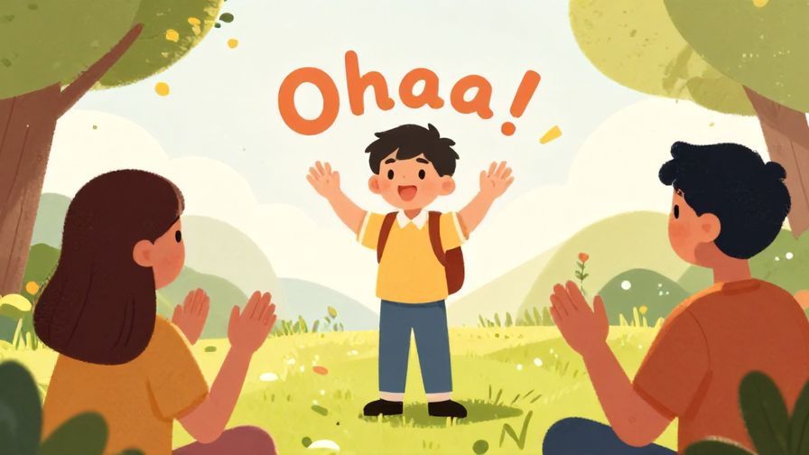 Illustration%20of%20a young person greeting friends in a playful tone with “Ohaa!” early morning outdoor setting