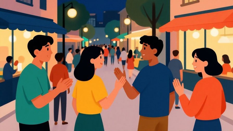 Illustration%20of%20a young person greeting friends casually in a lively evening street scene%2C%20vibrant%20colors%2C%20illustrated%20style