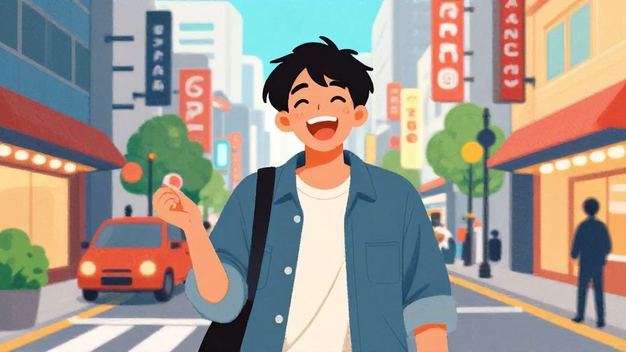 Illustration%20of%20a young person laughing and shrugging casually on a city street in Kansai, colorful and lively urban background, illustrated style