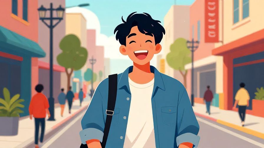 Illustration%20of%20a young person laughing with a casual shrug in an urban street scene, vibrant colors, illustrated style