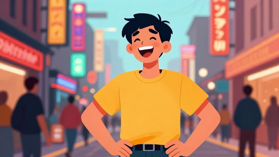 Illustration%20of%20a young person laughing with hands on hips on a busy street, neon signs blurred in background, energetic colors, illustrated style