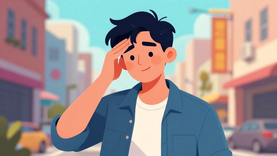 Illustration%20of%20a young person shaking their head with a grin, casual urban background, vibrant colors, illustrated style