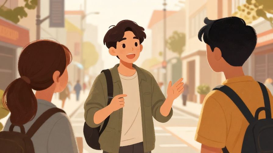 Illustration%20of%20a young person speaking animatedly with a friend in a casual street setting, warm tones, illustrated style