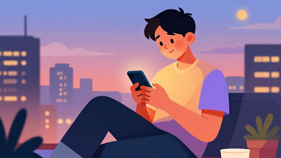 Illustration%20of%20a young person texting casually on their phone, relaxed pose, city background at dusk, vibrant colors, illustrated style