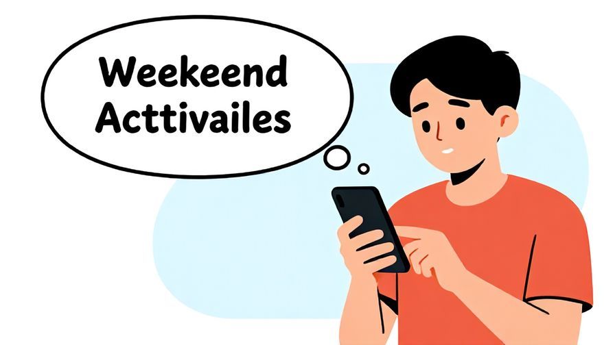 Illustration%20of%20a young person texting on smartphone with a thought bubble showing weekend activities, bright colors, illustrated style