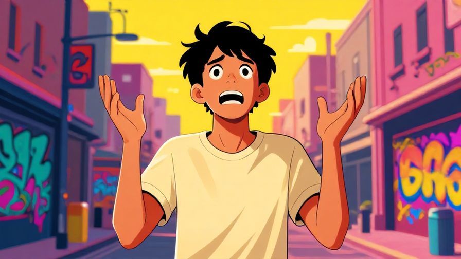 Illustration%20of%20a young person throwing hands up in frustration, bright urban background, graffiti art style, vibrant colors