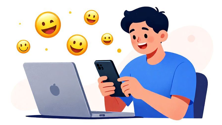 Illustration%20of%20a young person typing rapidly on a smartphone with playful emojis floating around, vibrant colors, illustrated style