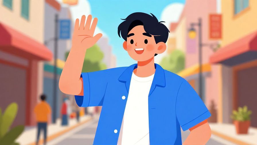 Illustration%20of%20a young person waving casually with a cheerful smile, street background, vibrant colors