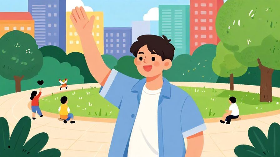 Illustration%20of%20a young person waving cheerfully with a colorful urban park background, casual style, illustrated