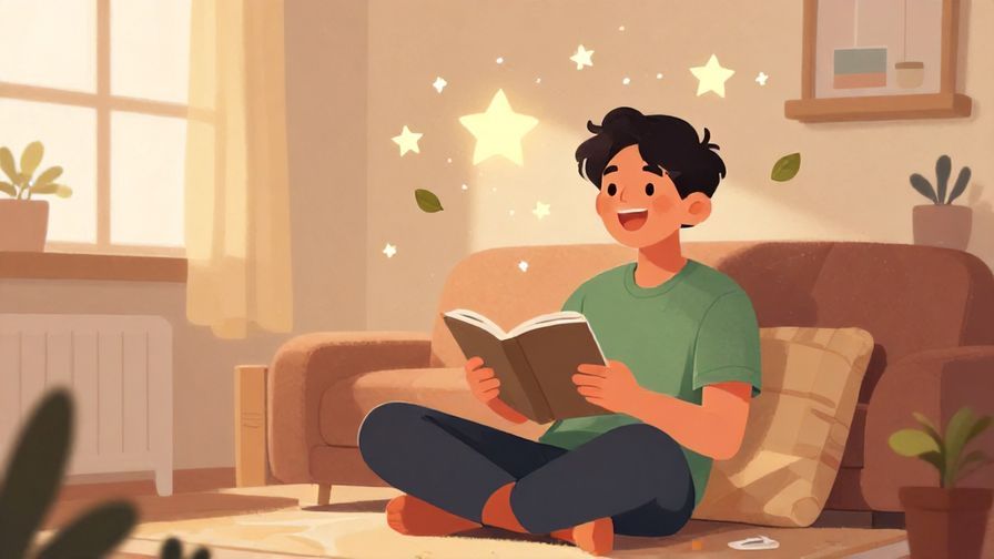 Illustration%20of%20a young person with a big smile, surrounded by stars and floating leaves, casually relaxed in a cozy room