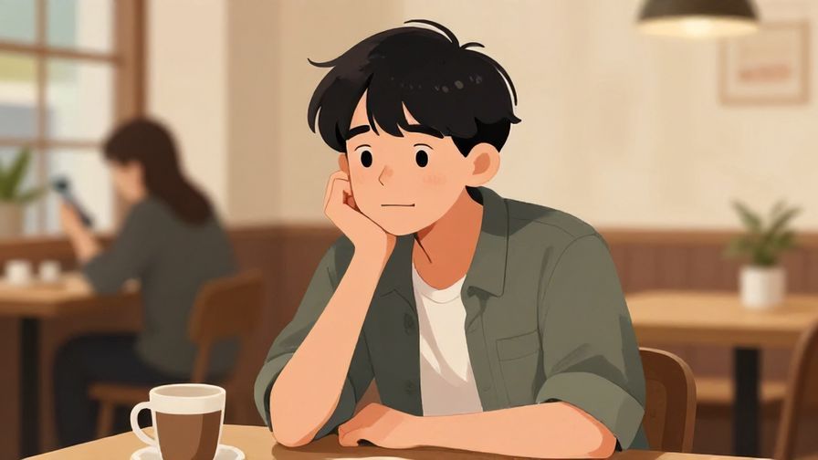 Illustration%20of%20a young person with a casual, slightly unsure smile, sitting in a cozy cafe