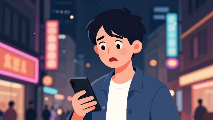 Illustration%20of%20a young person with a shocked expression holding a phone, urban night background with neon lights, illustrated style